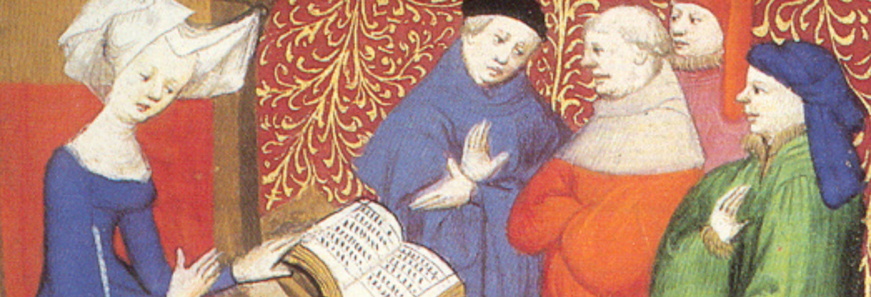Eine Frau - Christine de Pisan - liest vor und diskutiert mit vier Männern